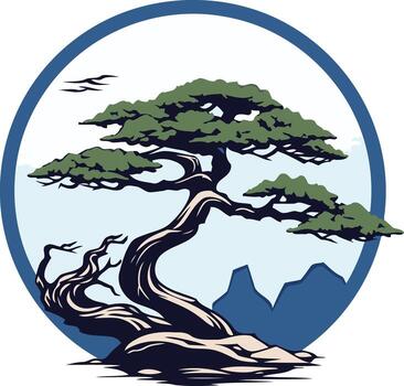 A stylized bonsai tree in a circular frame with mountains and birds in the background vector