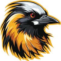 A bold, stylized bird head with sharp features and intense red eyes vector