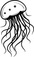 Simple black and white line art illustration of a jellyfish with intricate tentacles vector