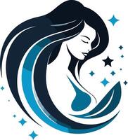 Elegant and stylish logo design featuring a woman's profile with flowing hair and stars vector