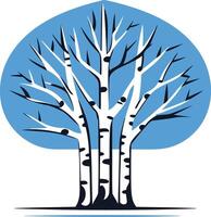 A stylized illustration of a birch tree with bare branches set against a blue background vector