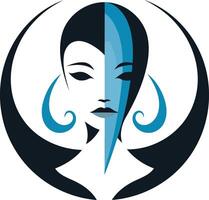 A striking abstract logo featuring a stylized female face, split in half, with bold colors and intricate details vector
