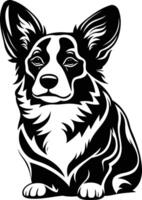 A striking black and white silhouette of a welsh corgi, showcasing its distinctive features and playful personality vector