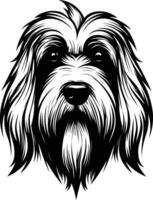 A striking black and white illustration of a dog's head, captured in a bold, graphic style vector