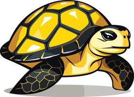 A cartoon illustration of a yellow turtle with a black shell and legs, standing on a white background vector