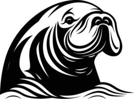 Black and white illustration of a manatee head emerging from water vector