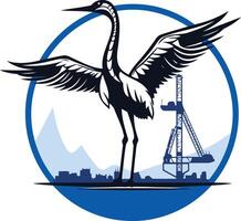 A bold and modern logo featuring a crane with outstretched wings, standing tall against a cityscape and a drilling rig vector