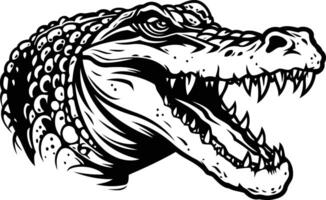 Fearsome black and white illustration of a crocodile's head with sharp teeth and a menacing expression vector