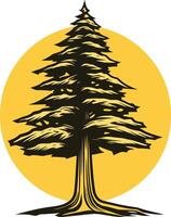 A stylized illustration of a tall pine tree with a sunburst behind it vector