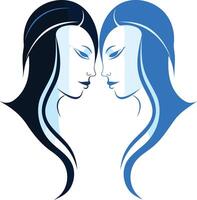 Abstract logo design featuring two stylized female faces, forming a heart shape, symbolizing unity, duality, and connection vector