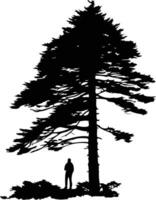 A lone figure stands silhouetted against the backdrop of a majestic pine tree, creating a powerful and evocative image of nature's grandeur and human presence vector