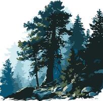 A serene and majestic forest scene with towering pine trees against a misty background, perfect for nature-themed designs vector