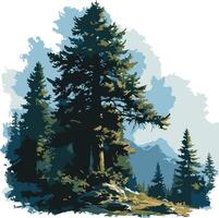A serene landscape painting of a towering pine tree against a backdrop of mountains and a hazy blue sky, evoking a sense of tranquility and wilderness vector
