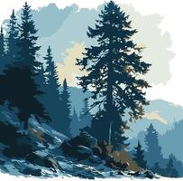 A serene and calming illustration of a mountain landscape featuring a tall pine tree, rocky terrain, and a hazy, atmospheric sky vector