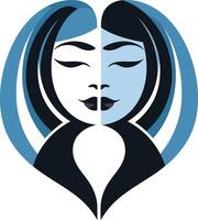Abstract heart-shaped logo with a feminine face split in two, representing duality and balance vector