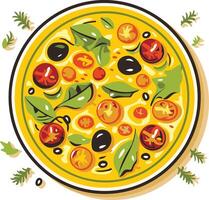 A delicious and inviting pizza with tomato, olive and basil toppings, perfect for menu designs, food blogs, and social media posts vector