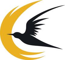 A stylized silhouette of a bird in flight, soaring above a crescent moon vector