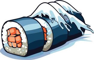 A playful illustration of sushi rolls with a wave crashing over them vector