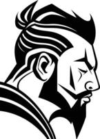 Black and white illustration of a man's head in profile with a beard and a shaved head with a single line design vector