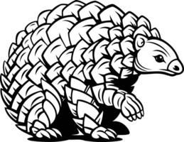 Black and white illustration of a pangolin, a unique and endangered mammal known for its protective scales vector