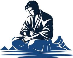 A minimalist silhouette of a man in a traditional japanese robe, meditating on a mountaintop vector