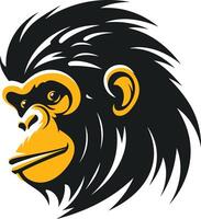 A stylized, black and yellow, head-on portrait of a chimpanzee vector