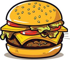 A cartoon-style burger with cheese, lettuce, and tomato, perfect for menus, social media, or any project needing a fun and delicious touch vector