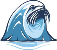 A bold and playful logo design featuring a walrus emerging from a wave vector