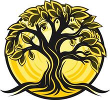 A stylized tree with roots extending outwards, set against a sun-like background vector