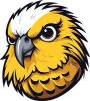 A fierce and determined cartoon illustration of a kkp, a flightless new zealand parrot, with a bold, yellow and white plumage vector
