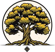 A strong, stylized tree with intricate roots and a full canopy, framed by a circular sunburst vector