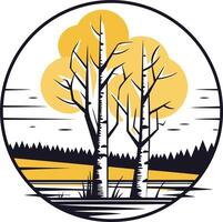 A minimalist illustration of two birch trees, stylized in a circular frame, evokes a sense of peace and serenity vector