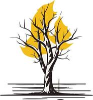 A minimalist silhouette of a bare tree with a bright yellow sun setting behind it vector