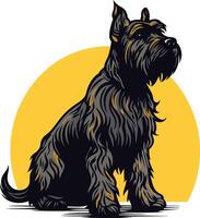 A black and white silhouette of a miniature schnauzer sits against a yellow circle, creating a bold and graphic illustration perfect for pet-related designs vector