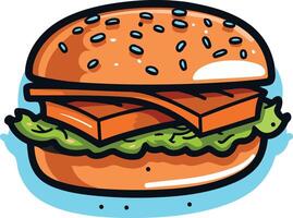 A cartoon illustration of a juicy burger with lettuce, tomato, and a sesame seed bun vector