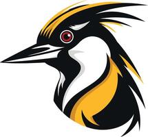 A bold and stylized bird head logo design, featuring a striking black, yellow, and red color scheme vector