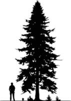 A striking silhouette of a tall fir tree, with two smaller trees and a human figure in the foreground, creating a sense of scale and solitude vector