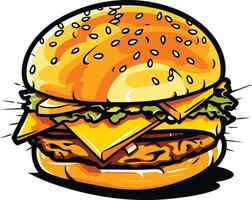 A juicy, cartoon style cheeseburger with lettuce, cheese, and a sesame seed bun vector