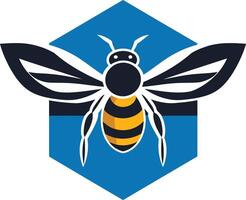 A modern, abstract bee logo design in a blue hexagon, perfect for a business seeking to represent hard work, community, and collaboration vector