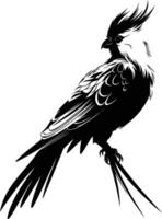 A striking black and white silhouette of a bird, perched with a dramatic pose, ready to be used for design, branding, and creative projects vector