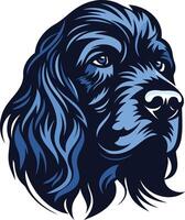 A striking illustration of a cocker spaniel's head, rendered in a bold blue and black color scheme vector