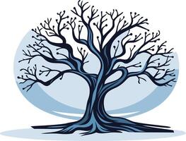 A stylized, minimalist illustration of a bare tree with intricate branches and roots against a simple blue background vector