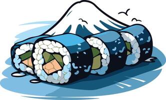 Playful illustration of sushi rolls resembling mount fuji, perfect for branding, menus, or social media vector