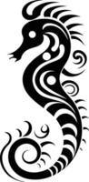 Stylized black and white illustration of a seahorse with intricate, tribal inspired patterns vector
