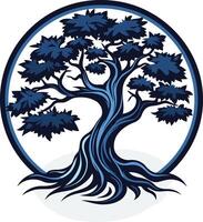 A stylized tree logo with intricate roots and branches, symbolizing growth, strength, and resilience vector