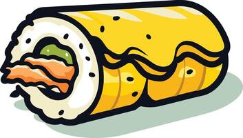 A cheerful cartoon illustration of a delicious sushi roll with salmon, avocado, and a creamy sauce vector