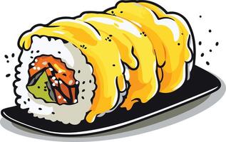 A delicious and tempting illustration of a sushi roll covered in a generous amount of melted cheese, perfect for food blogs, restaurant menus, and social media vector