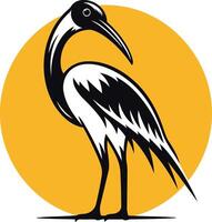 A striking black and white illustration of an ibis bird standing on a yellow circle vector