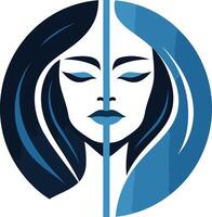 A stylish and minimalist logo featuring a woman's face split in half, representing duality and balance vector