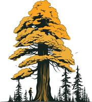 A majestic, towering redwood tree stands tall amidst a forest, a single person dwarfed by its size vector